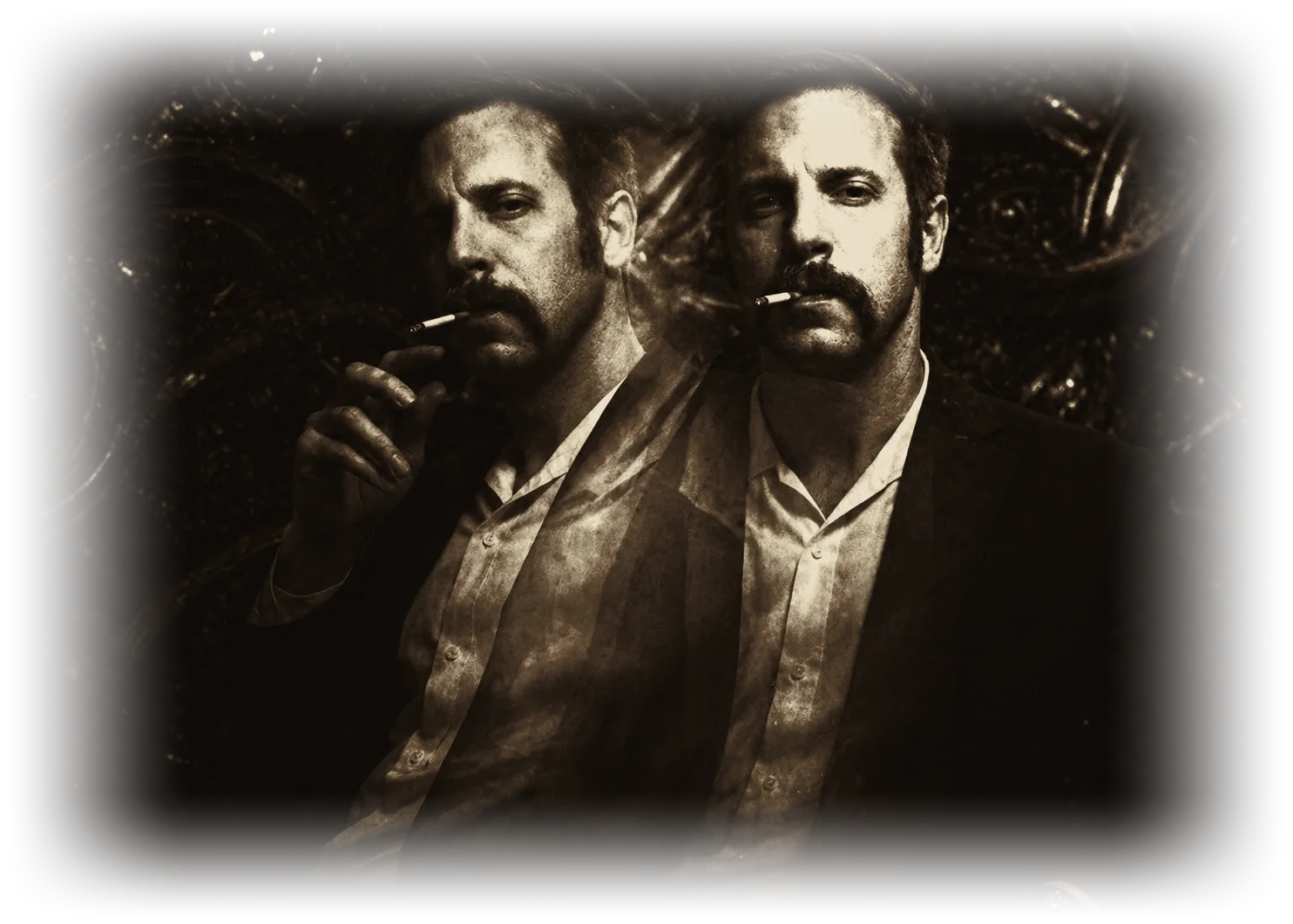 Double exposure: R.B. Barnes twice in one frame, smoke rising between the two figures
